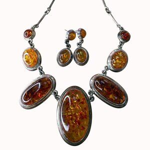 Amber Necklace & Earring Set With Silver Details